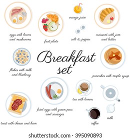 Big breakfast set isolated on white top view. Minimal flat vector illustration for print or web