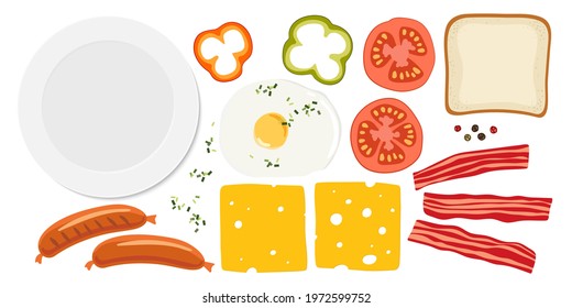 Big Breakfast Set. Toast, Fried Egg, Tomato, Bacon, Cheese, Paprika, Sausage. Overhead View Of Isolated Food. Vector Illustration Isolated On White Background. Flat Design For Menu, Cafe, Restaurant.