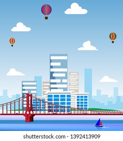 Big bridge against the background of a smart city.  Vector illustration big bridge. Sleek modern style.