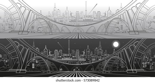 Big bridge, amazing panorama city, day and night town. Architecture and infrastructure illustration. Lines landscape, vector design art