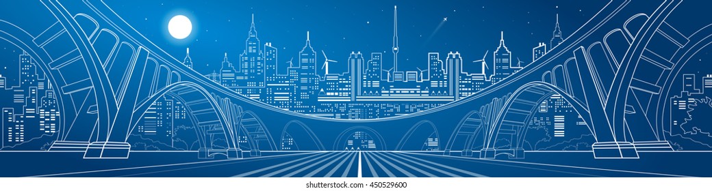 Big bridge, amazing panorama of night city, neon town. Architecture and infrastructure illustration. White lines landscape, vector design art