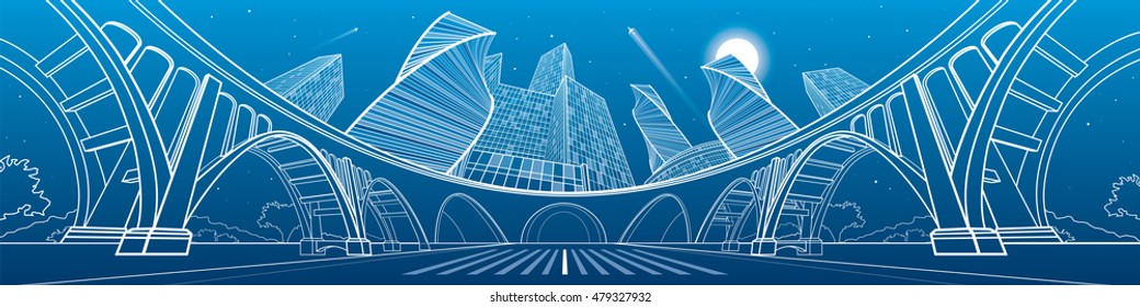 Big bridge, amazing panoramic night city, neon town. Industrial, architecture and infrastructure illustration. White lines landscape, vector design art
