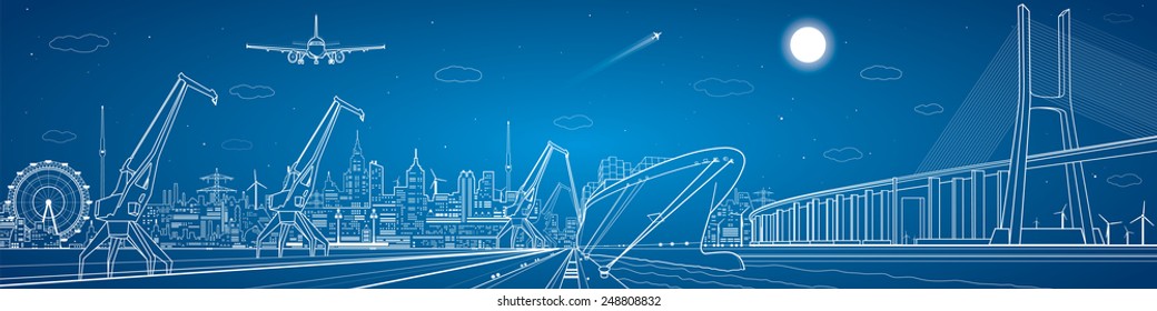 Big bridge, industrial cargo port panorama, vector lines landscape, night city, ship on the water