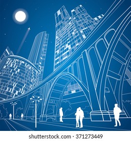 Big bridge, night city on background, vector industrial and infrastructure illustration, vector lines landscape, neon town, people walking, vector design art