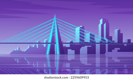 Gran puente sobre el fondo abstracto del edificio de rascacielos. Ilustración horizontal de la ciudad nocturna.