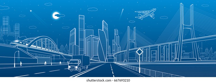 Big Bridge. Wide Highway. Road Overpass. Urban Infrastructure, Modern City On Background, Industrial Architecture. People Walking. Truck Rides. White Lines, Night Scene, Vector Design Art 