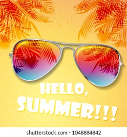 Big bright color summer sunglasses with palms and white sample text