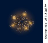 Big, bright, fireworks explosion. Golden shining sparks on the dark night sky. Festive salute, confetti. Ideal for celebrating the holidays or New Year. Vector illustration isolated on blue background