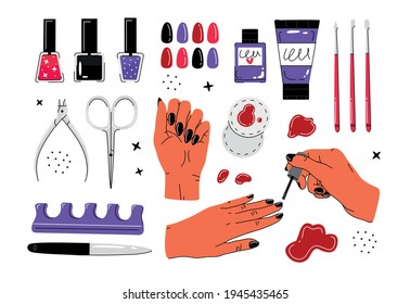 Big bright manicure set with various elements for manicure and pedicure isolated on a white background. Vector cartoon flat illustration.