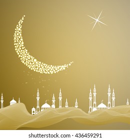 Big bright moon with mosque on abstract background. Vector illustration on the theme of a happy Ramadan Mubarak, Holy Ramadan, Eid Mubarak