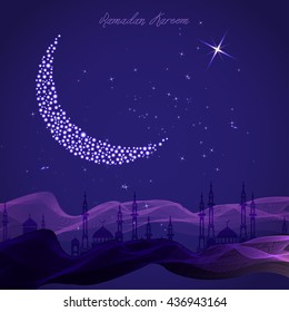 Big bright moon with mosque on abstract background. Vector illustration on the theme of a happy Ramadan Mubarak, Holy Ramadan, Eid Mubarak