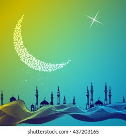 Big bright moon with mosque on abstract background. Vector illustration on the theme of a happy Ramadan Mubarak, Holy Ramadan, Eid Mubarak