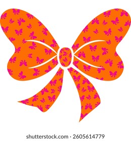 Big bright orange bow decorated with small pink bows isolated on white or transparent background. Template for brochure or greeting card. Vector illustration.
