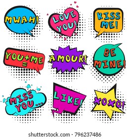 Big bright retro comic speech bubbles set with colorful LOVE YOU, KISS ME, MWAH, AMOUR words. Colorful outline balloons with halftone shadow in pop art style for St. Valentines event advertisement