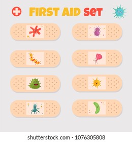 Big bright set First aid with cute happy bacterias.