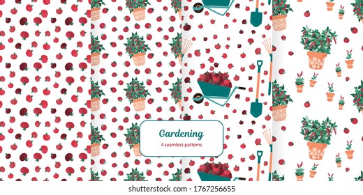 Gran y luminoso conjunto de patrones sin costura para la huerta urbana y la agricultura ecológica. Manzanas, tomates y pimientos para imprimir. Ilustración vectorial.