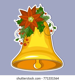A big bright sticker. Golden bell with red bow isolated. Vector illustration for Christmas, New year, decoration, winter holiday