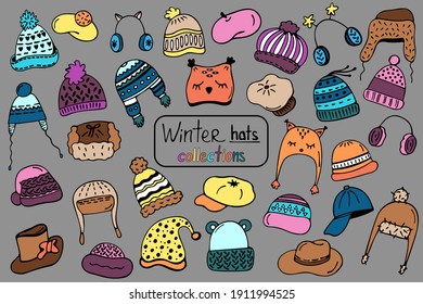 Big bright winter hats collection. Hand drawn colored hats for winter. Vector illustration