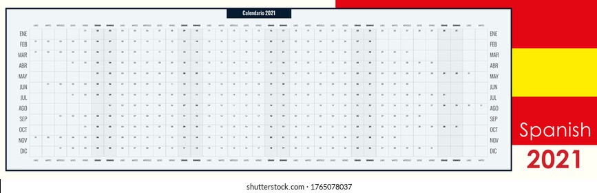 Big, broad wall planner for 2021. Whole year on one page. Simple calendar template or ready for print. Spanish language. Free copy space. Vector illustration. 