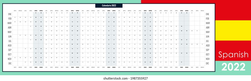 Big, broad wall planner for 2021. Whole year on one page. Simple calendar template or ready for print. Spanish language. Free copy space. Vector illustration.
