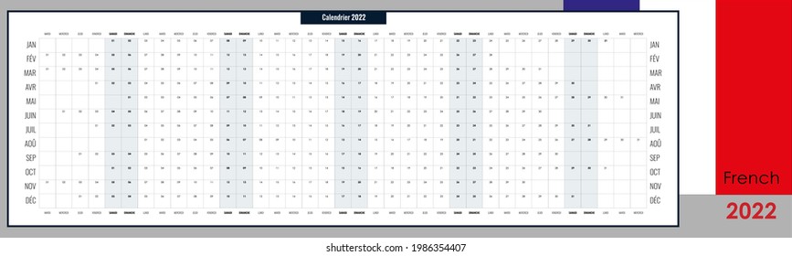 Big, broad wall planner for 2022. Whole year on one page. Simple calendar template or ready for print. French language. Free copy space. Vector illustration.