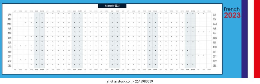 Big, broad wall planner for 2023. Whole year on one page. Simple calendar template or ready for print. French language. Free copy space. Vector illustration.