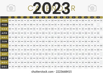 Big, broad wall planner for 2023. Whole year on one page. Simple calendar template or ready for print. French language. Free copy space.  Letter, F4. Vector illustration.