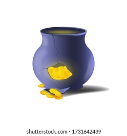 Big broken blue pot with gold coins. Vector illustration