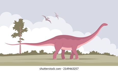 Big brontosaurus with a long neck. Ancient pangolin apatosaurus. Herbivorous dinosaur of the Jurassic period. Vector cartoon illustration. Prehistoric nature background. Wild landscape