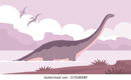 Big brontosaurus with a long neck. Bathes in water. Ancient lizard apatosaurus. Herbivorous dinosaur of the Jurassic period. Vector cartoon illustration. Prehistoric nature. Wild landscape with a lake