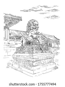 Gran león de bronce en la ciudad prohibida de Pekín, punto de referencia de China. Dibujo de dibujo vectorial dibujado a mano en color negro aislado en fondo blanco. Concepto de viajes de China. Ilustración de acciones