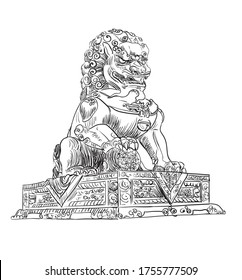 Gran león de bronce en la ciudad prohibida de Pekín, punto de referencia de China. Dibujo de dibujo vectorial dibujado a mano en color negro aislado en fondo blanco. Concepto de viajes de China. Ilustración de acciones