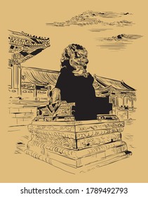 Big bronze lion in forbidden city in Beijing, landmark of China. Monochrome hand drawn vector sketch illustration isolated on beige background. China travel Concept. Stock illustration