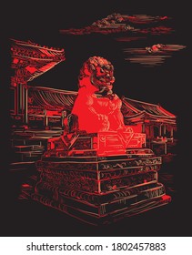 Big bronze lion in forbidden city in Beijing, landmark of China. Monochrome hand drawn vector sketch illustration isolated on black background. China travel Concept. Stock illustration