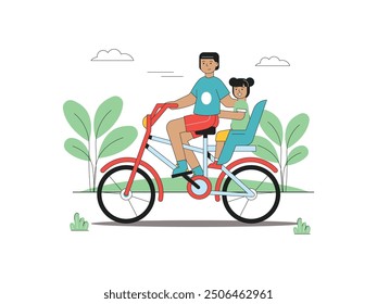 Big brother biking with little sister, playing together in the park. Character design. Vector flat illustration