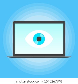 Big brother concept. Laptop spying with big eye on the screen of notebook monitor isolated on light blue background flat style design vector illustration.
