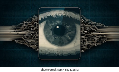 Concepto de ojo electrónico hermano mayor, tecnologías para la vigilancia global, exploración de retina biométrica, seguridad de sistemas y redes informáticos 