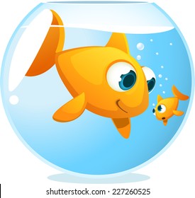 Big Brother Fish Looking At Small Sibling Inside Transparent Fish Tank, Fishbowl Vector Illustration. 