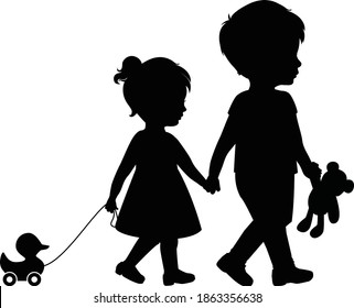 Big brother and little sister holding hands walking with duck and teddy bear