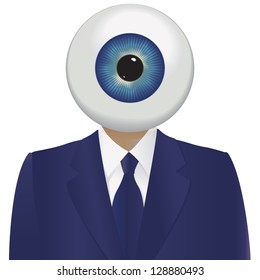 Big brother watching with a large eyeball and a blue suit.
