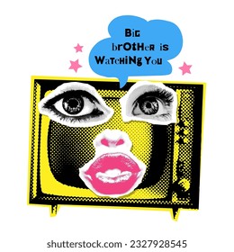 Big brother is watching you - Watch TV Propaganda Poster halftone collage style with scraps of paper with the image of a TV, eyes and lips. 90s-00s retro vector illustration.