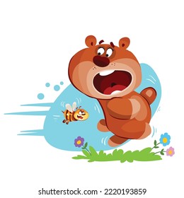 a big brown bear in fear runs away from a small bee in a clearing with flowers, cartoon illustration, isolated object on a white background, vector, eps