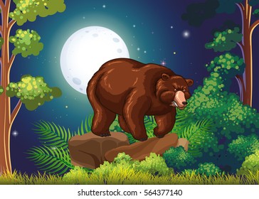 Big brown bear in full moon night illustration