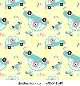 big brown bear riding a car, ready to travel. awesome t-shirt, mug, bag lunchbox, wallpaper, wrapper, poster and banner flat design for kids. vector illustration. seamless pattern.