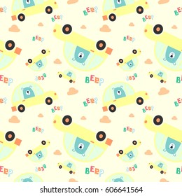 big brown bear riding a car, ready to travel. awesome t-shirt, mug, bag lunchbox, wallpaper, wrapper, poster and banner flat design for kids. vector illustration. seamless pattern.