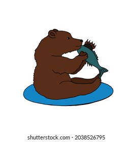 A big brown bear is sitting and eating a caught fish. Vector illustration of a predatory animal in the style of doodles.