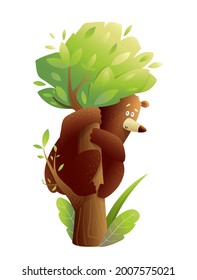 Big brown bear sitting on the tree trunk, scared or having fun. Climbing bear cub on the tree, cartoon for kids. Vector design in watercolor style for children.