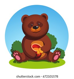 Big brown bear sitting on forest grass holding honey pot and eating with its paw hand. Cute hungry animal cub. Flat style vector illustration isolated on white background.