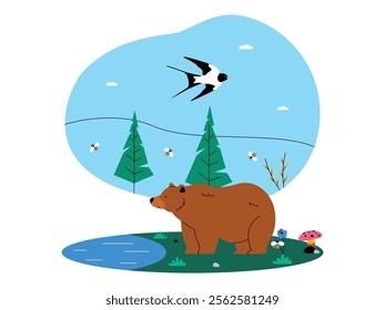 Big brown bear stands on the shore of the lake, pine trees, clear sky with white clouds, a flying swallow as well as bees flying around wild flowers, ecosystem vector illustration.