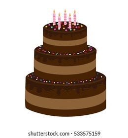 Big brown cake with candle on white background